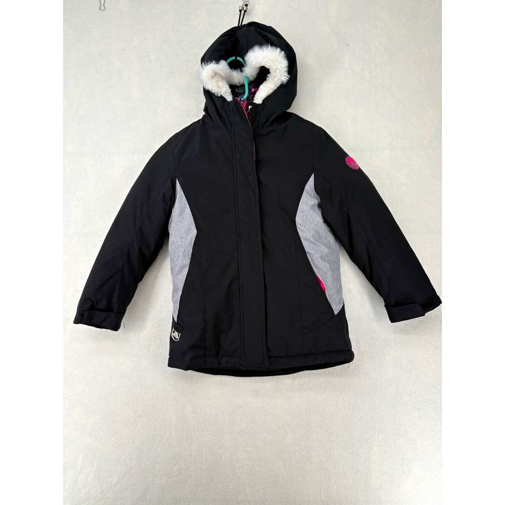 Gerry Girls Winter Hooded Jacket Faux Fur Trim Zip Pockets Black Gray Pink S